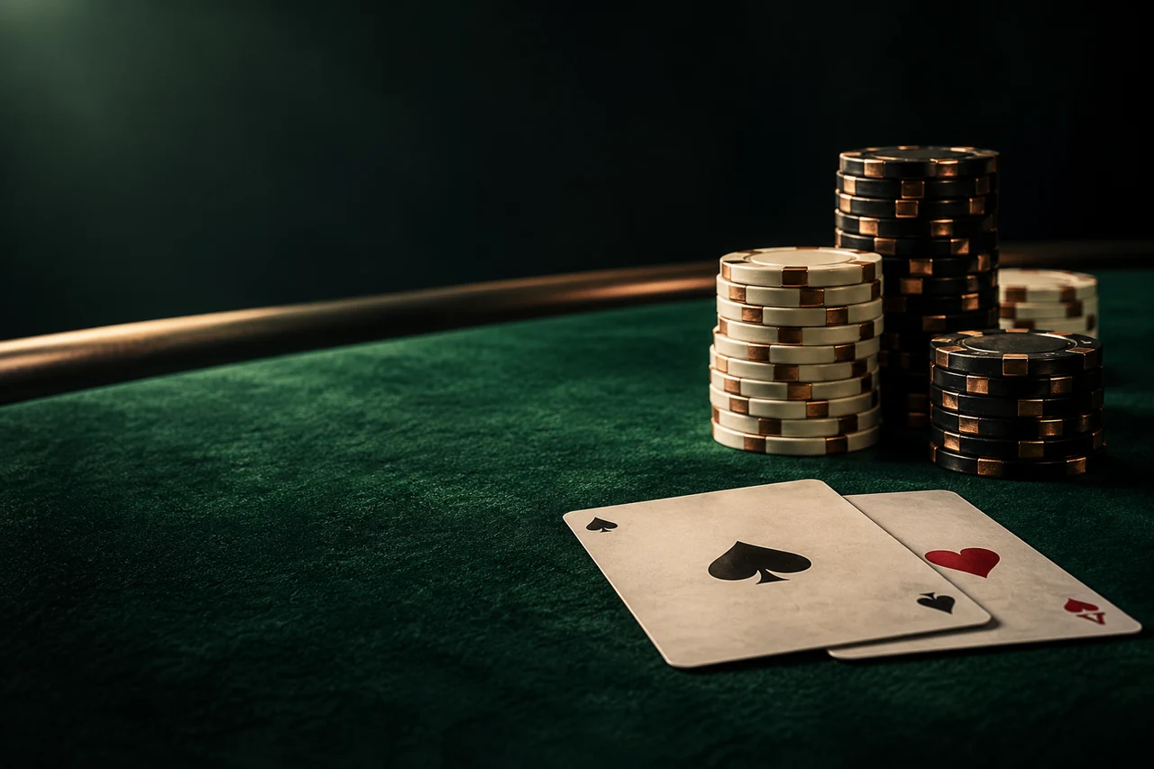Cartas de póker y pilas de fichas sobre una mesa de fieltro verde